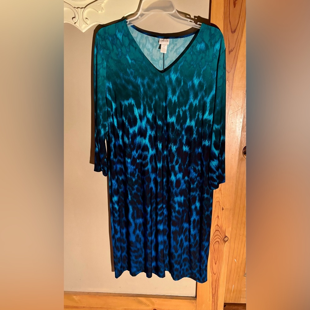 ⭐️CHICO'S  Blue Green Ombre Animal Print Sheath Dress Stretch Size 4 (XL)⭐️